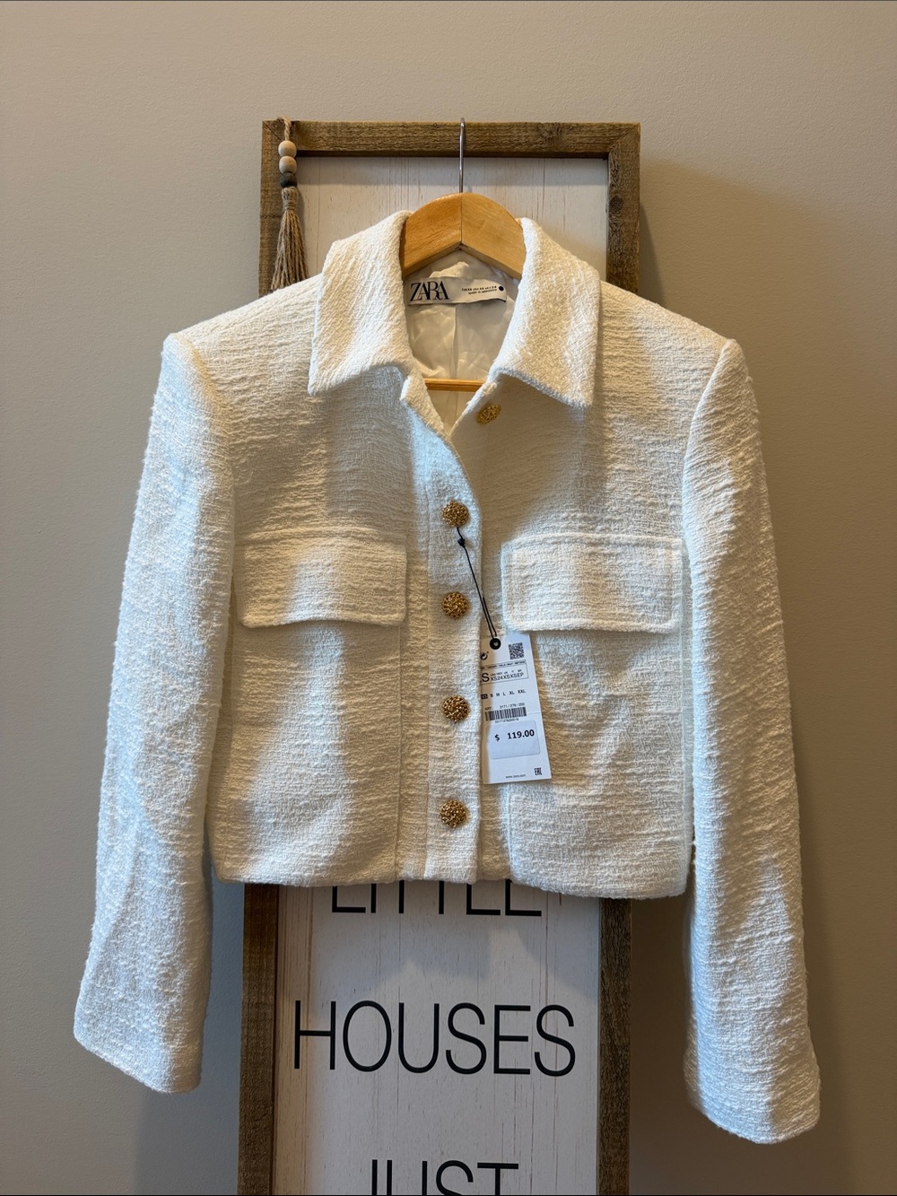 Zara Cream Bouclé Short Blazer with Gold Buttons